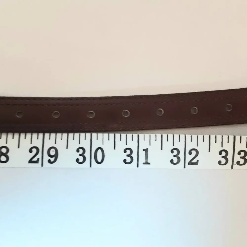 💎Unisex Dark Brown Leather Belt M  Polished Silver Tone Buckle Stitched Detail